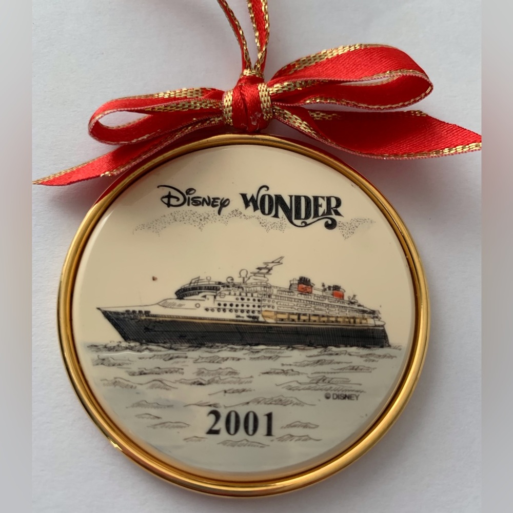 Disney Wonder 2001 Cruise Ship Image Medallion Ornament with Red & Gold Ribbon